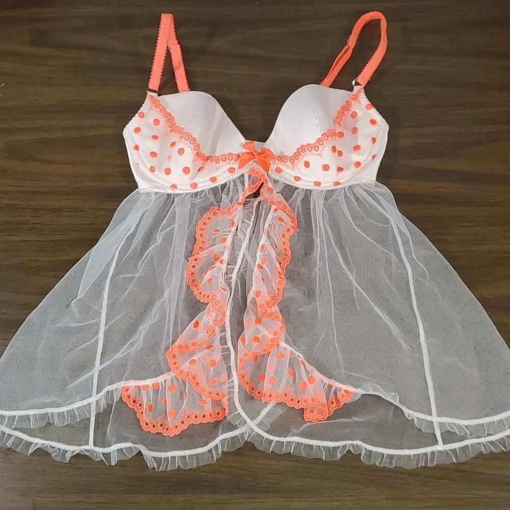 Victoria’s Secret Neon‎ Orange Pink Polka Dot Baby Doll Lingerie 34D Underwire